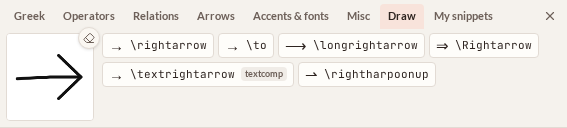 A hand-drawn arrow in the Draw tab with suggested commands like \rightarrow and \to
