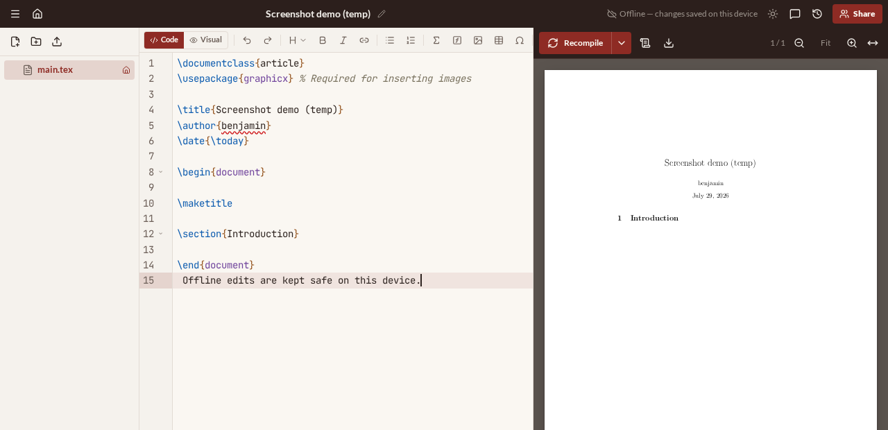 The editor working offline, with an “Offline — changes saved on this device” indicator in the header