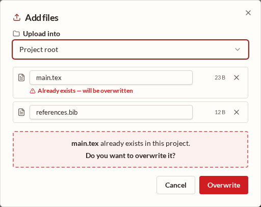 The Add files dialog warning that main.tex already exists and asking whether to overwrite it