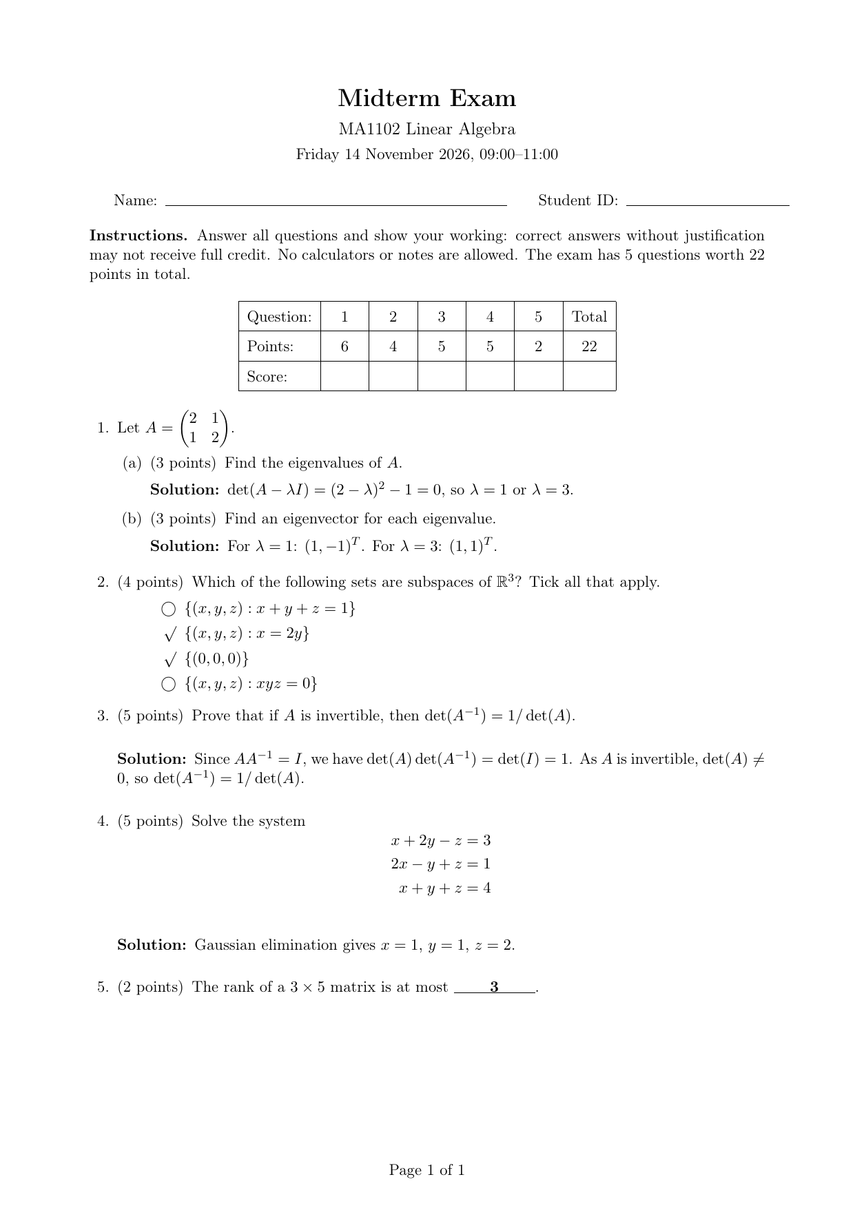 The answer key version of the LaTeX exam template, with every solution filled in