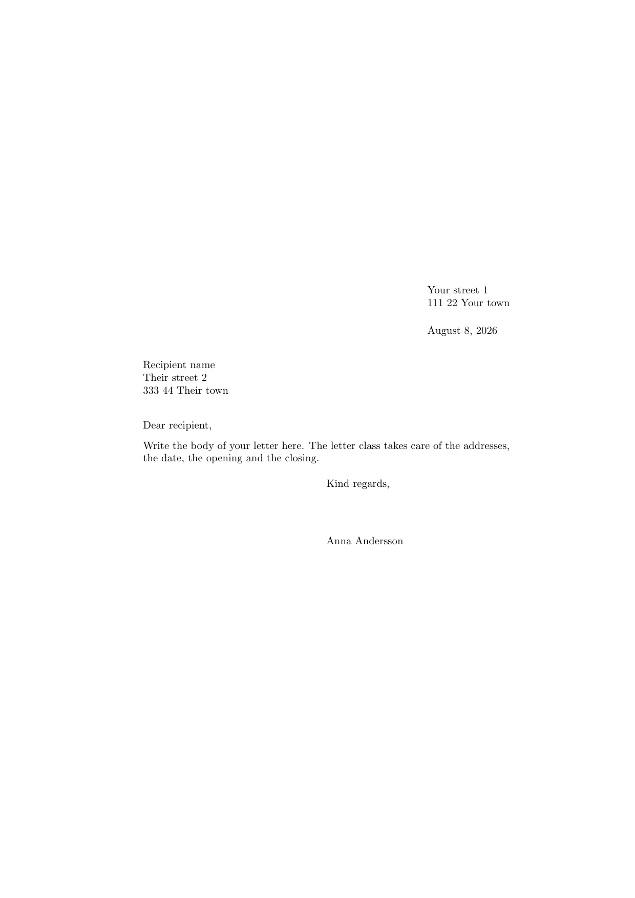 Compiled first page of the Formal letter LaTeX template