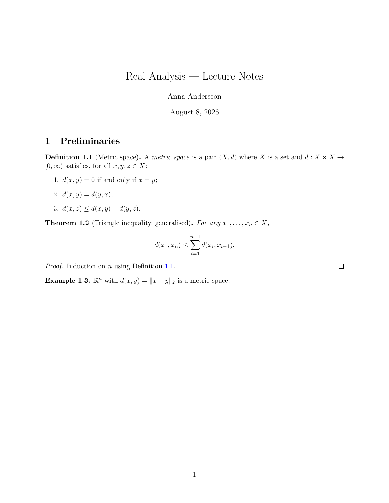 Compiled first page of the Mathematical notes LaTeX template